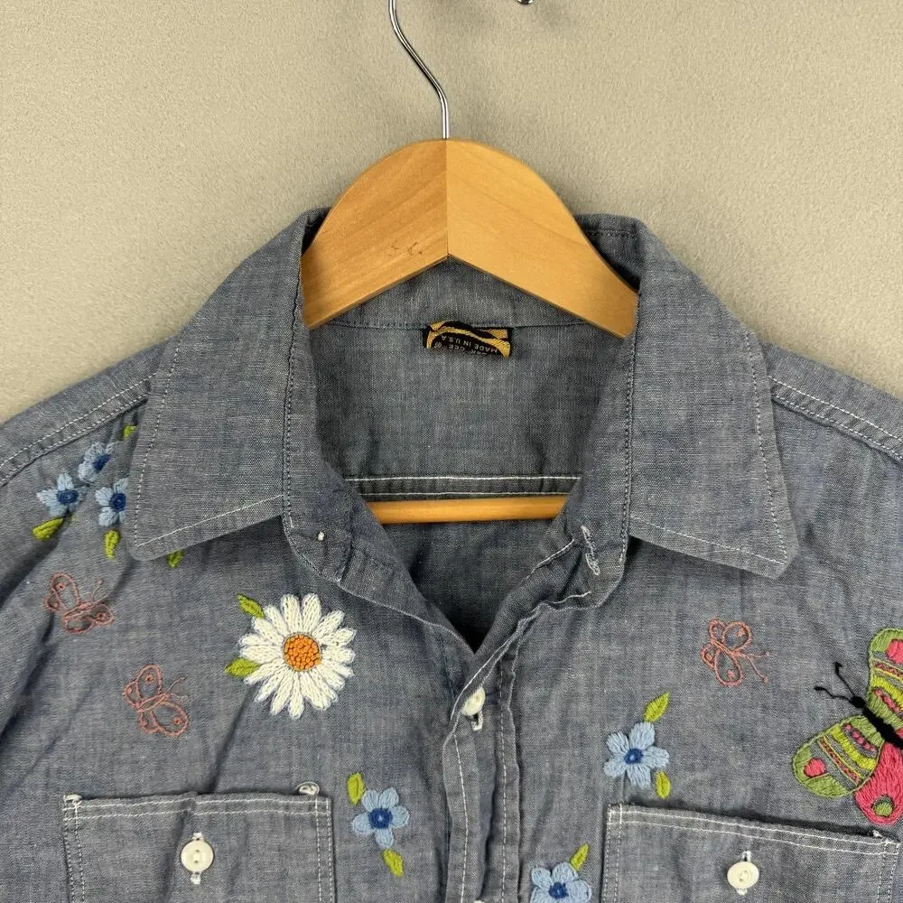 Vintage Washington Dee Cee Shirt Womens Medium Blue Chambray Embroidered Floral